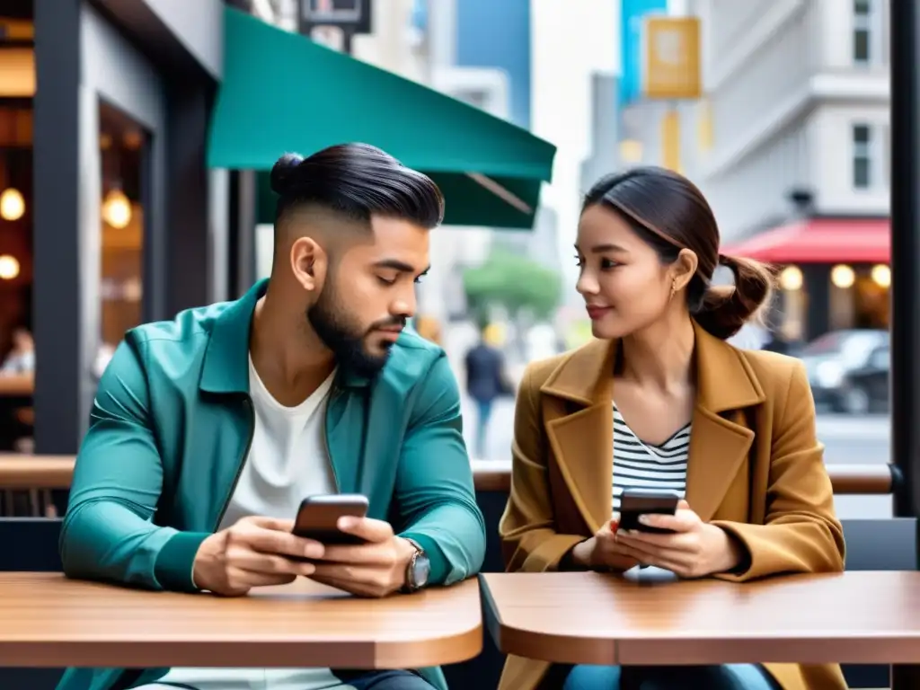 Una pareja desconectada en un café, inmersa en sus smartphones, reflejando el distanciamiento digital en el mundo moderno