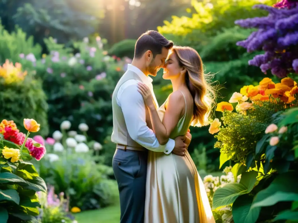 Una pareja se abraza tiernamente en un exuberante jardín florecido