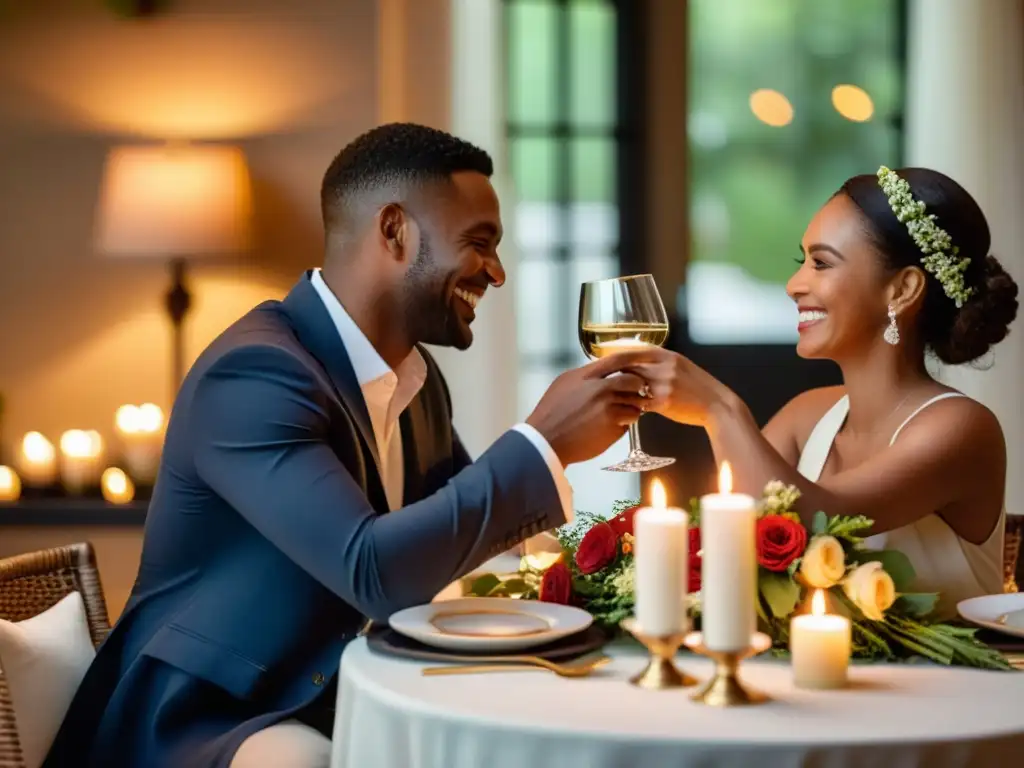 Una pareja disfruta de una íntima cena a la luz de las velas, simbolizando rituales para fortalecer la relación de pareja en el hogar