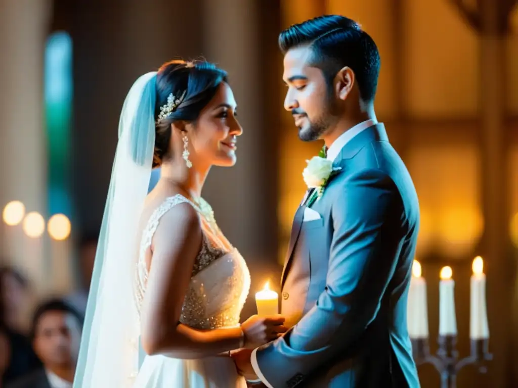 Una pareja de novios sostiene una vela juntos durante el ritual de la vela en su ceremonia de matrimonio, irradiando amor y tradición