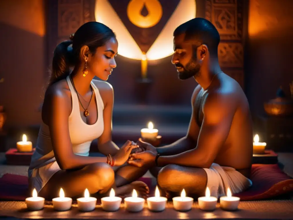 Una pareja en un ritual de conexión en tantra, meditando en un ambiente íntimo, iluminado por velas y con incienso ardiendo