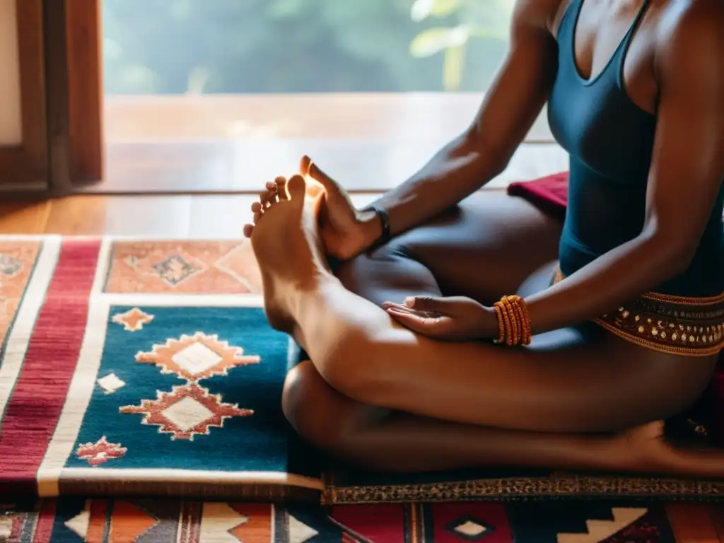 Una pareja en meditación tántrica, unidos en un hermoso tapete, rodeados de símbolos espirituales