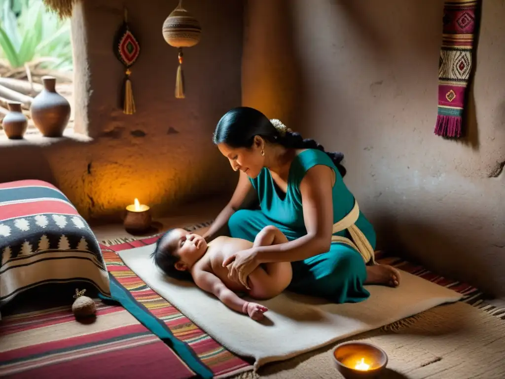 Una partera andina asiste a una madre durante el parto en una habitación rústica, rodeada de textiles e hierbas, capturando la esencia de los rituales de nacimiento en los Andes