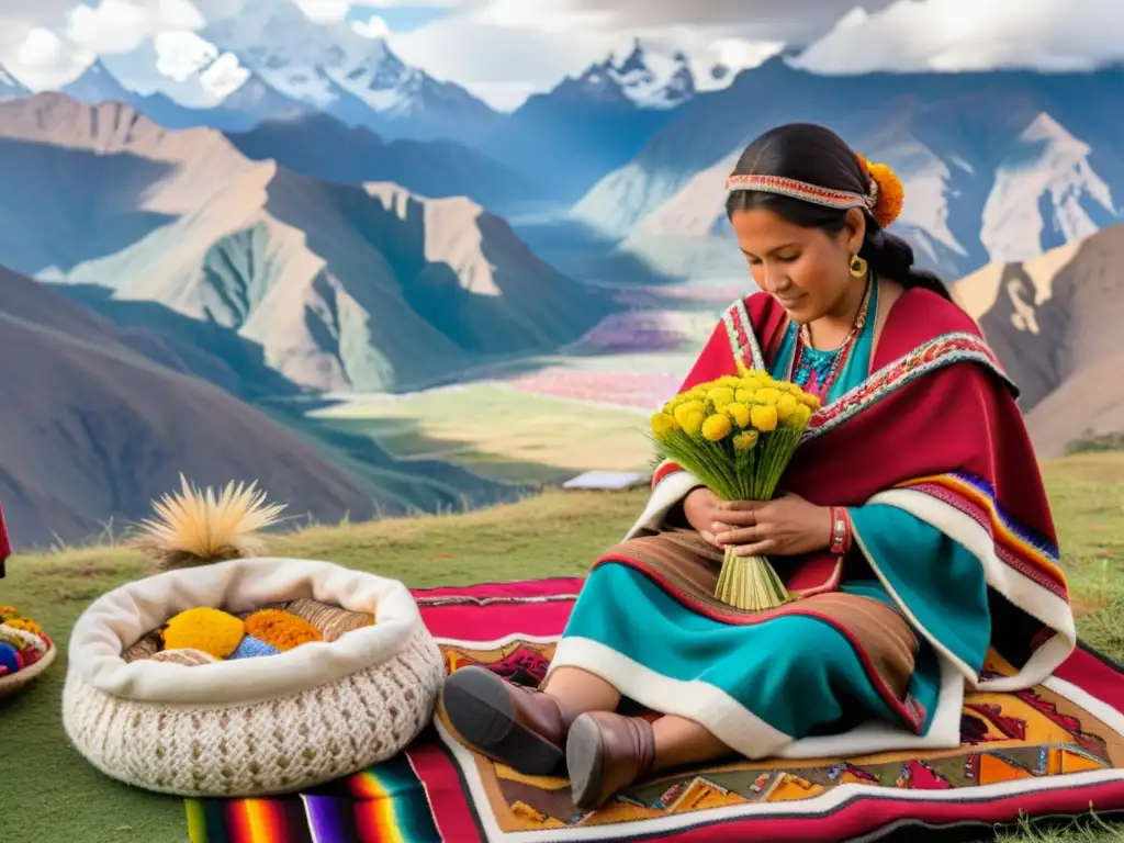 Una partera andina realiza un ritual de bendición durante una ceremonia de nacimiento, rodeada de textiles vibrantes y ofrendas simbólicas, con los imponentes Andes de fondo