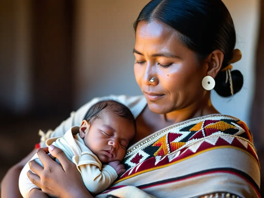 Una partera indígena sostiene con amor a un recién nacido, rodeada de mujeres en un ritual de nacimiento