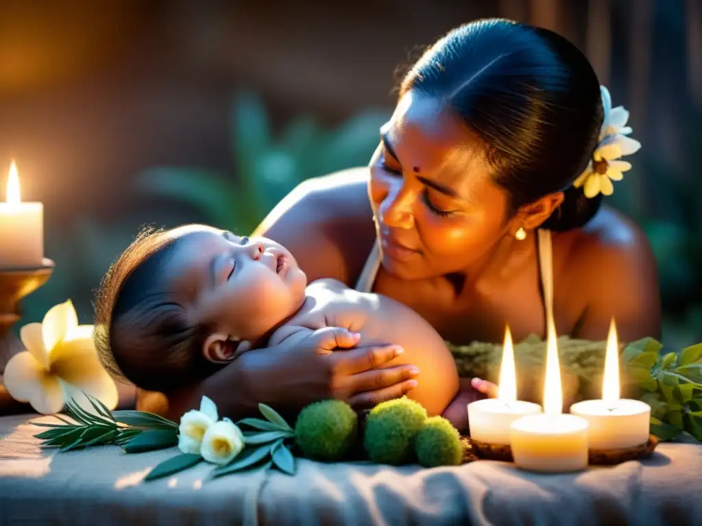 Una partera indígena realiza un ritual de nacimiento sagrado, iluminada por velas, agua, hierbas y flores, capturando la riqueza cultural de los rituales de nacimiento y transición