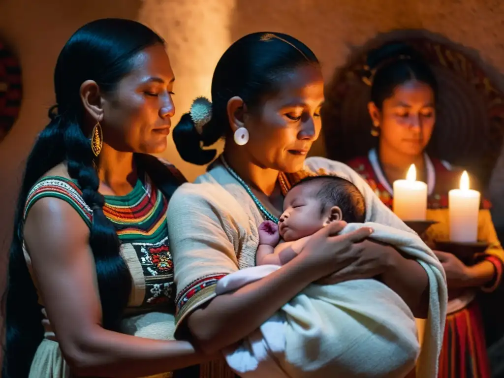 Una partera maya sostiene con cariño a un recién nacido, rodeados de mujeres en un ritual de bendición, en una habitación íntima iluminada por velas