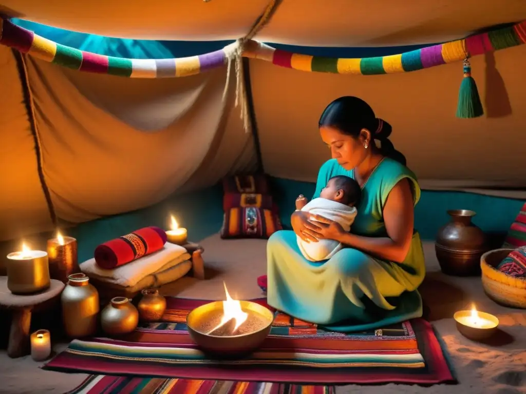 Una partera maya realiza un ritual de bendición para un recién nacido en una choza iluminada por velas y textiles coloridos