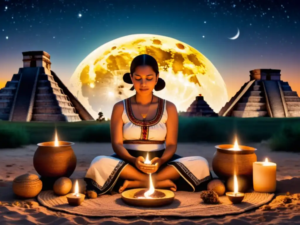 Una partera maya realiza un ritual de nacimiento bajo el cielo nocturno, rodeada de velas y objetos sagrados, junto a ruinas antiguas, conectando astrología, cosmología y rituales de nacimiento mayas