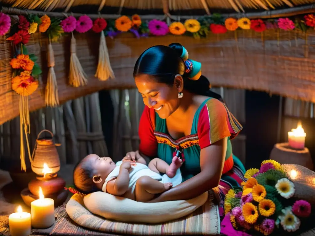 Una partera maya realiza un ritual de nacimiento en una cabaña iluminada por velas, rodeada de flores y hierbas