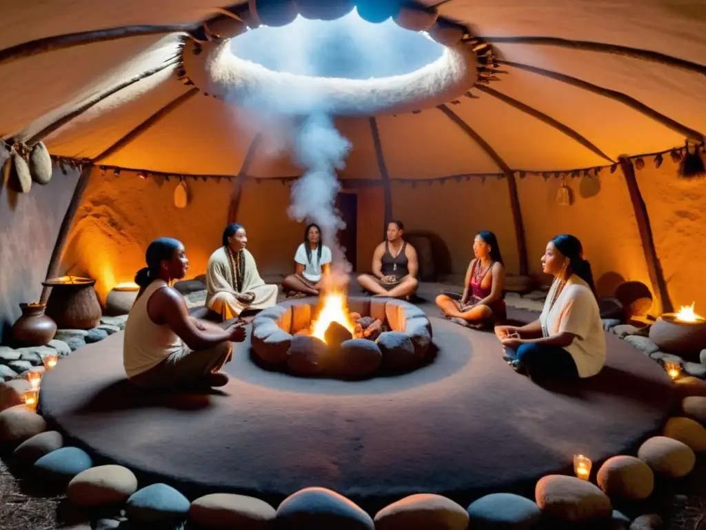 Participantes en la ceremonia de Inipi tienda sudación, inmersos en meditación en un ambiente de sanación y conexión espiritual