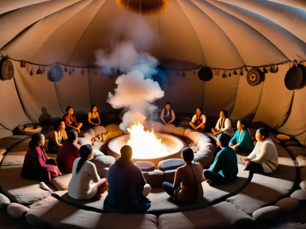 Participantes en la ceremonia de la tienda de sudación Inipi, conectados en oración y meditación, inmersos en la sanación espiritual