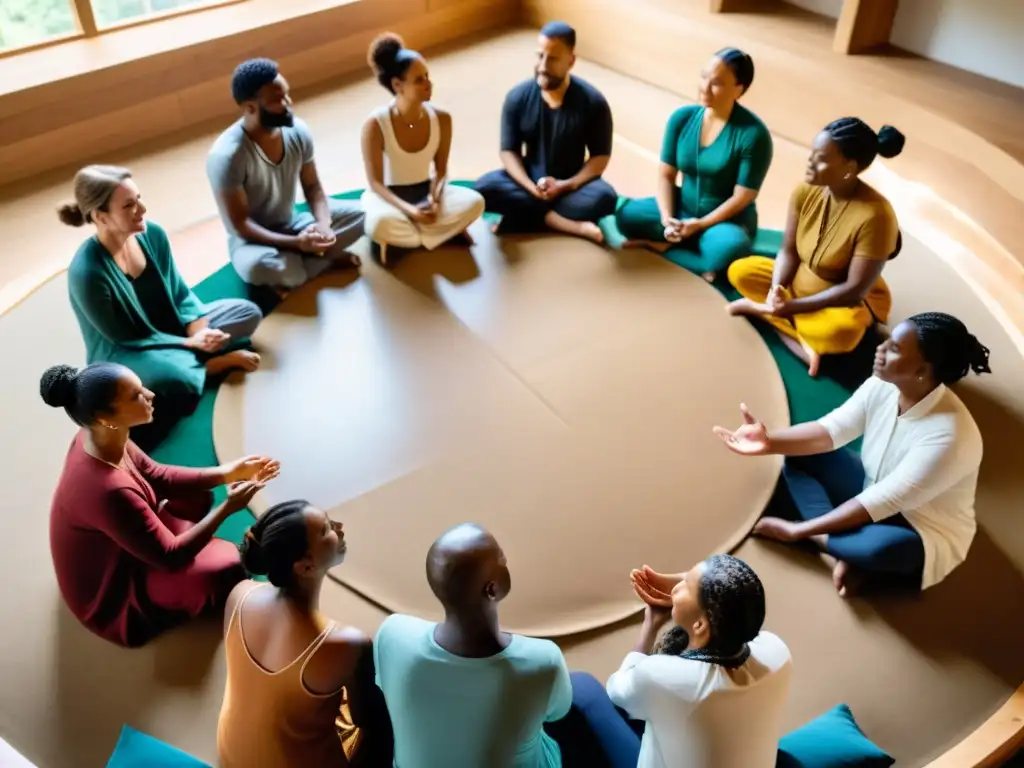 Participantes diversos en círculo, expresando gratitud y prosperidad en ritual de taller