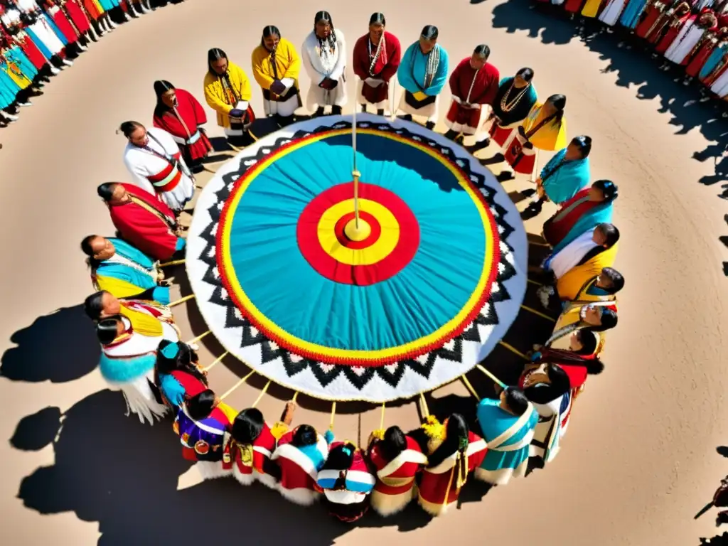 Participantes Lakota danzando en círculo alrededor del central de la Danza del Sol, expresando su significado espiritual y cultural