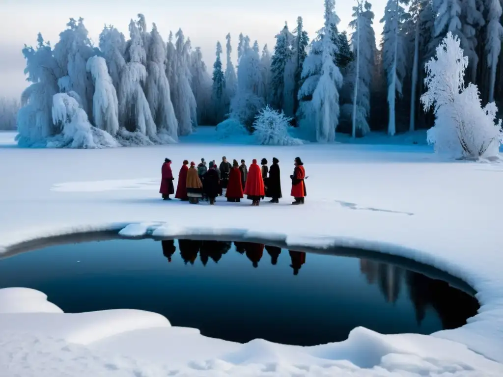 Participantes nórdicos se preparan para el ritual nórdico de inmersión en agua helada en un lago congelado rodeado de árboles nevados