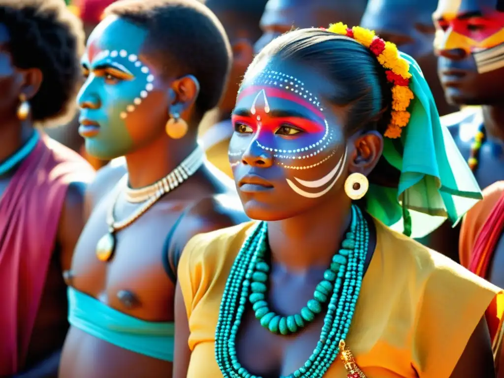 Participantes de un ritual cultural con colores vibrantes y diseños simbólicos en sus cuerpos y rostros, expresando reverencia y concentración