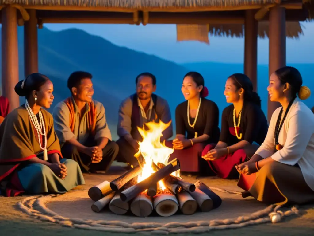 Participantes en trajes tradicionales cantan alrededor del fuego en un taller de canto en rituales ancestrales, creando una conexión espiritual única