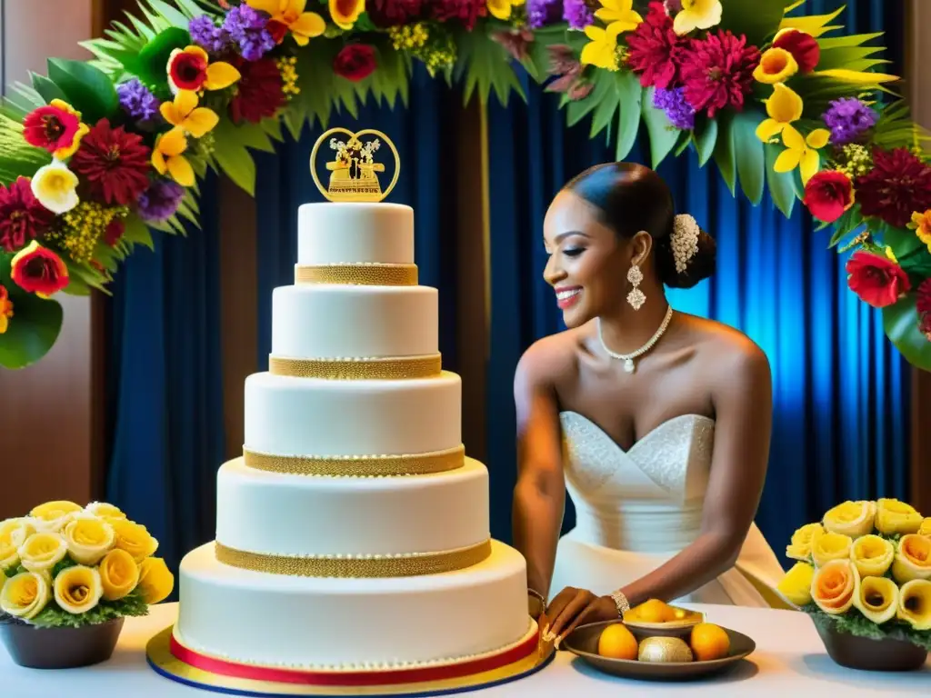 Un pastel de bodas rodeado de flores vibrantes y decoraciones culturales, reflejando la diversidad y el significado de las tortas de bodas en diferentes culturas