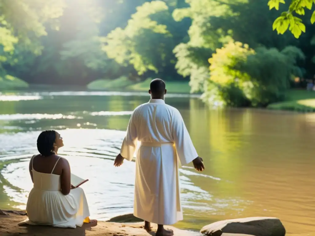 Un pastor bautiza a una joven en un río, rodeados de una comunidad serena y un ambiente espiritual