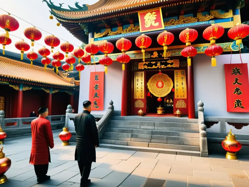 Un patio de templo taoísta decorado con linternas rojas y doradas, devotos incensando y rezando en Rituales Taoístas Año Nuevo Chino