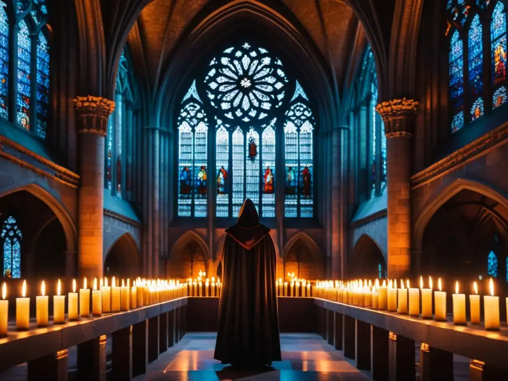 En la penumbra de una catedral gótica, se realizan rituales de inmortalidad, evocando misterio y solemnidad propios de la literatura gótica