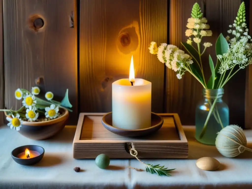 Pequeño altar de madera con elementos para preparar hogar rituales equinoccio