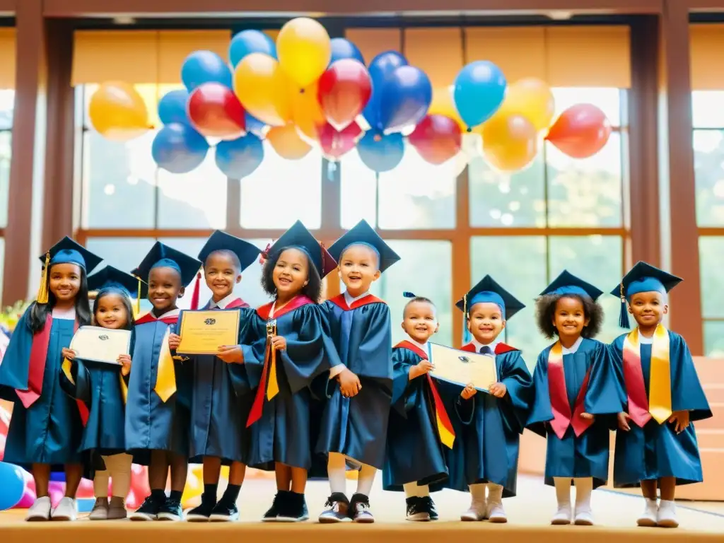 Pequeños graduados de preescolar en una emotiva ceremonia de graduación, rodeados de globos y alegría familiar