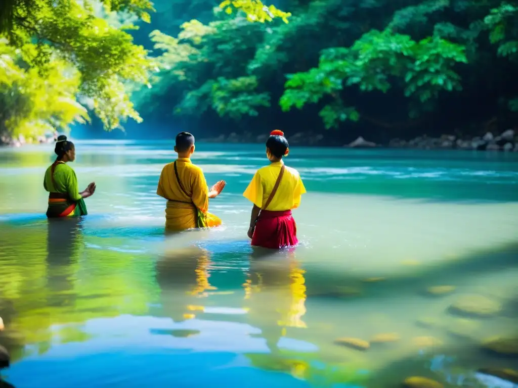 Peregrinaciones rituales en agua sagrada: Devotos rezando en río sereno, con ropa tradicional colorida y cascada majestuosa al fondo