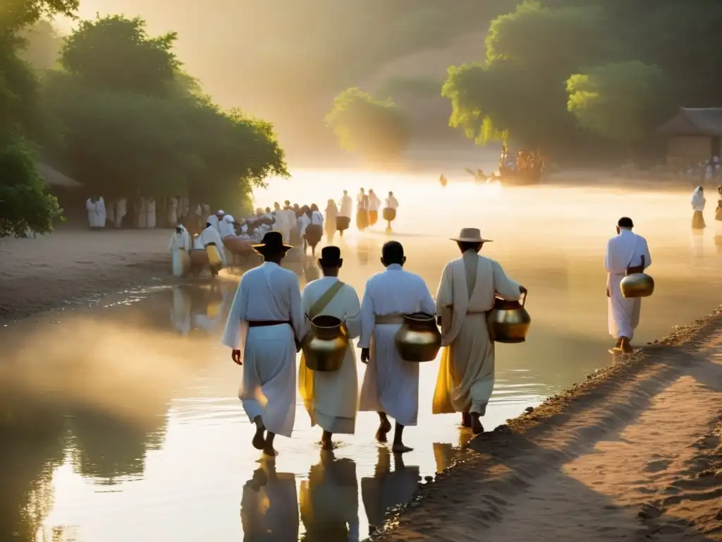 Peregrinaciones rituales agua sagrada: Grupo de peregrinos descalzos caminan con jarras en el río al amanecer, en ambiente sereno y espiritual