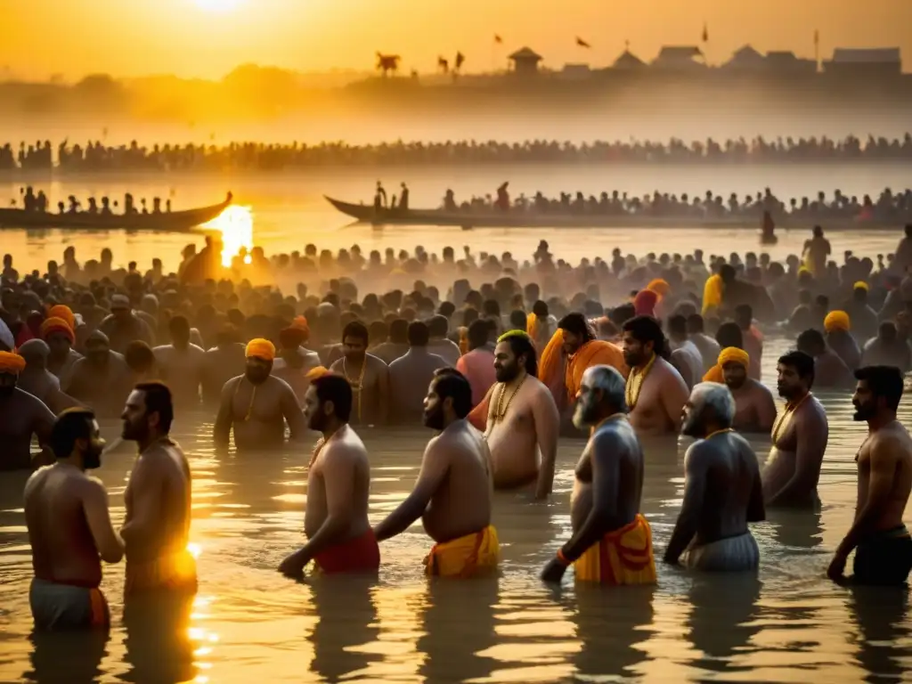 Peregrinaciones rituales en el Ganges durante el Kumbh Mela, con la atmósfera dorada del amanecer sobre el agua sagrada