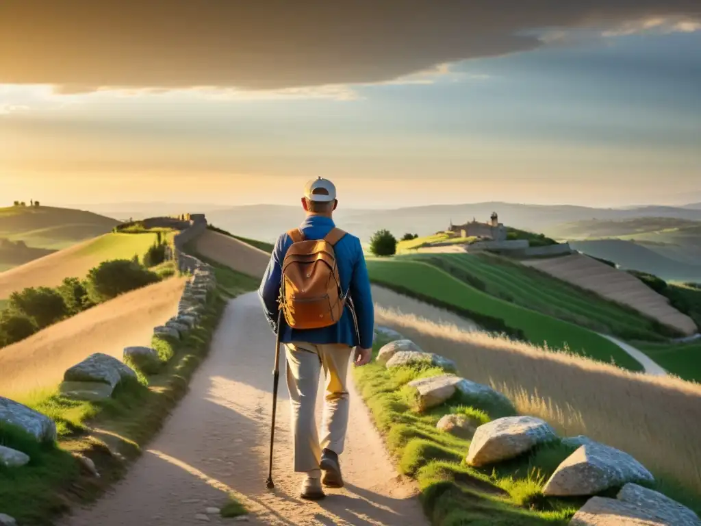 Un peregrino moderno camina por el Camino de Santiago al atardecer, transmitiendo determinación y contemplación, en un paisaje antiguo y vibrante