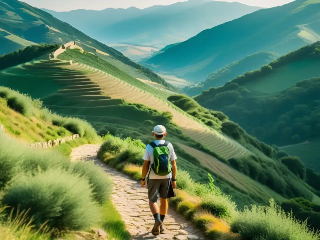 Un peregrino solitario recorre el Camino de Santiago, rodeado de exuberante vegetación y los imponentes picos de los Pirineos