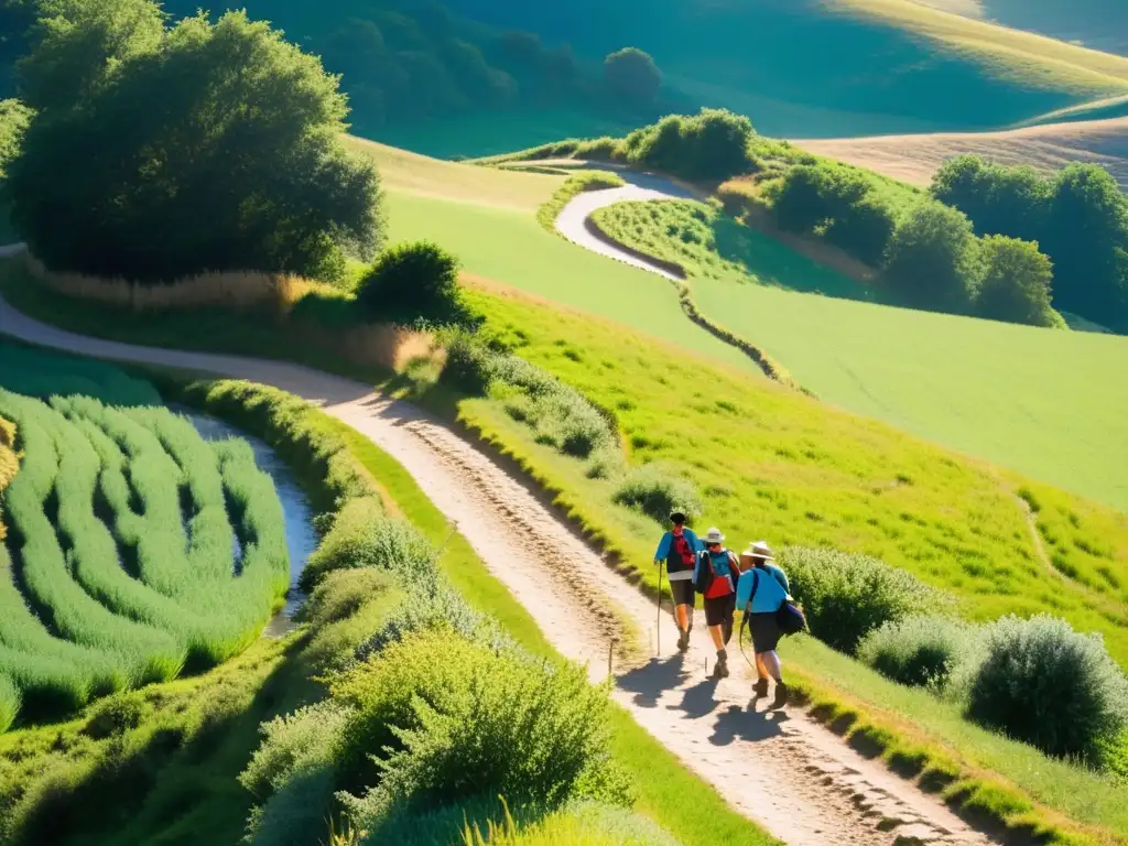 Peregrinos caminando por El Camino de Santiago, con paisajes verdes y agua cristalina, evocando peregrinaciones rituales agua sagrada