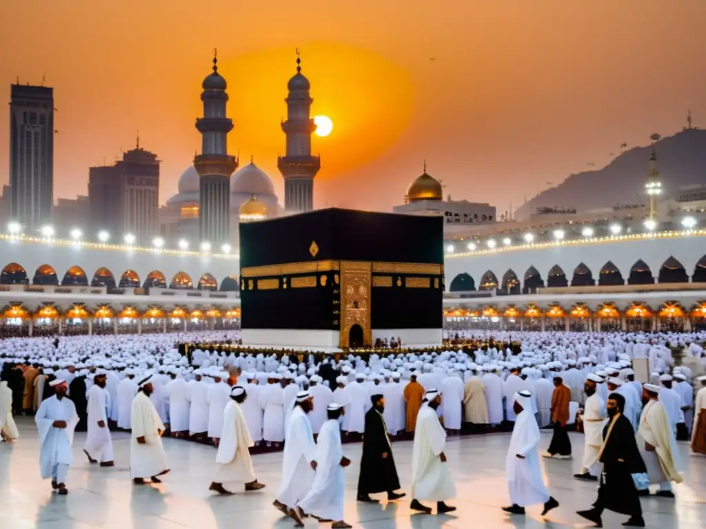 Peregrinos en ihram blanco realizando Tawaf alrededor de la Kaaba al atardecer en Meca, mostrando el significado etapas Hajj viaje espiritual