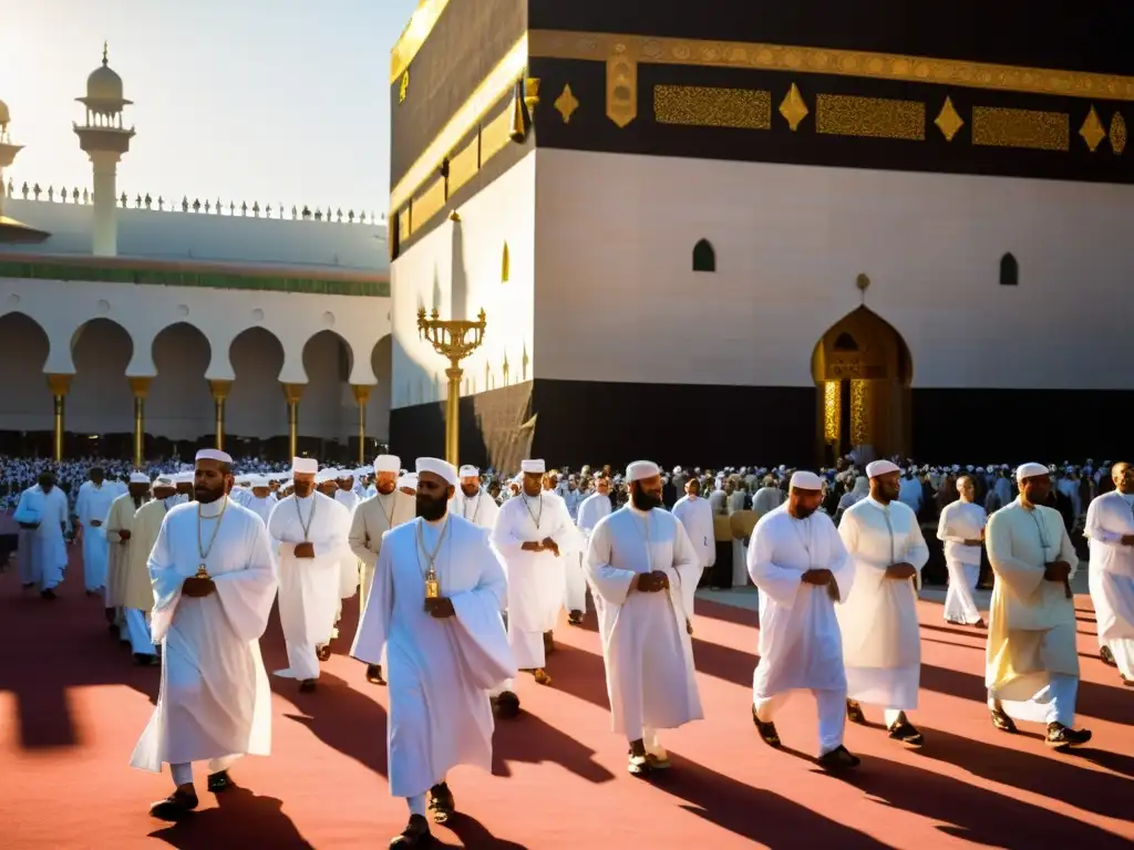 Peregrinos en Ihram caminan hacia la Kaaba al atardecer en la mezquita de La Meca, reflejando el significado de etapas Hajj viaje espiritual