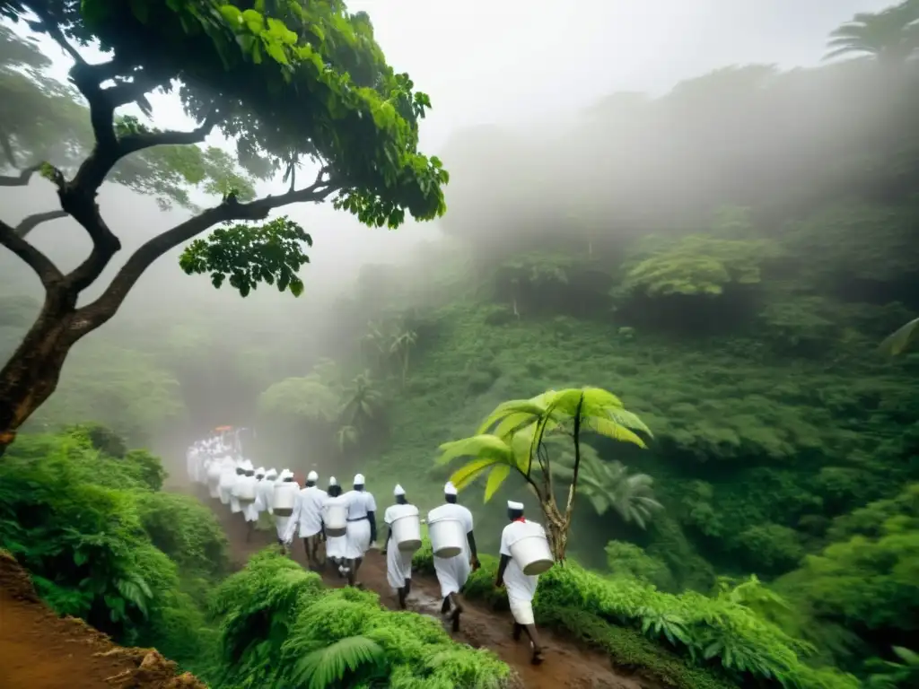 Peregrinos en ritual del Saut d'Eau en Haití llevan agua sobre sus cabezas, entre exuberante vegetación y cascada mística