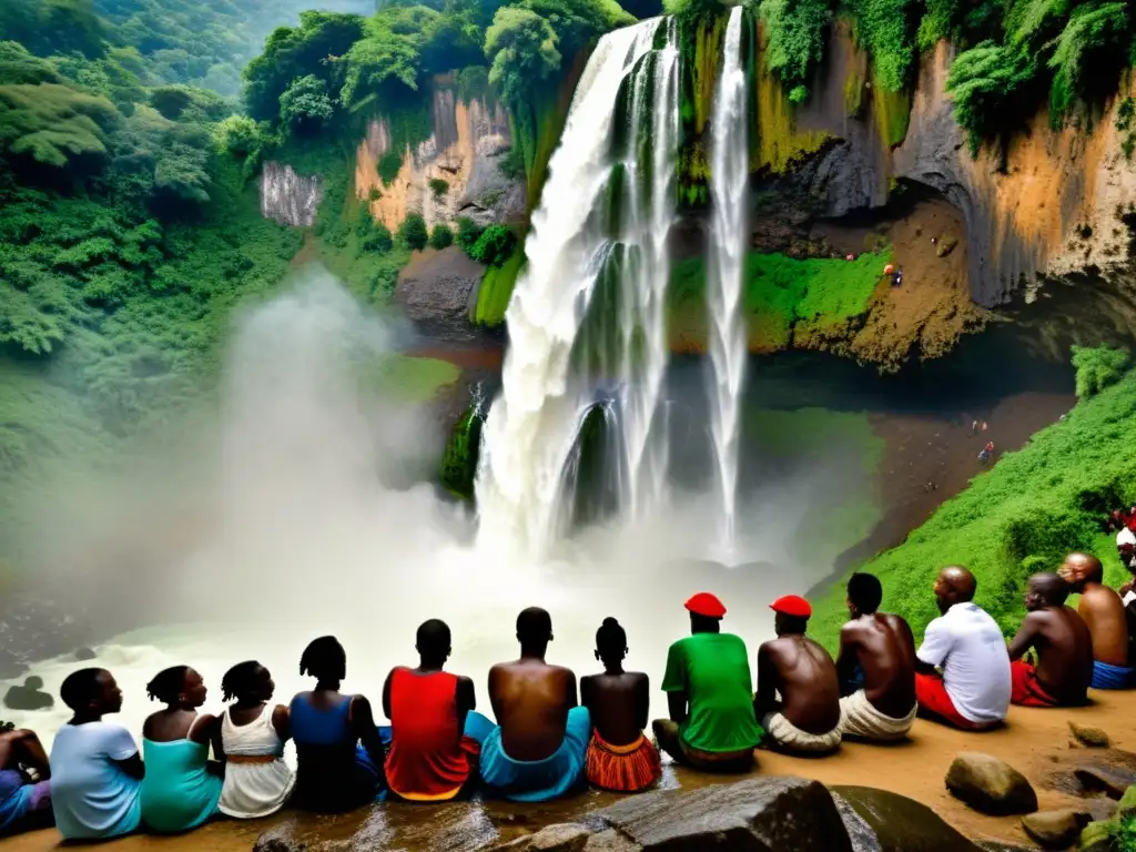 Peregrinos en el ritual del Saut d'Eau en Haití, reunidos frente a una majestuosa cascada en un entorno vibrante y espiritual