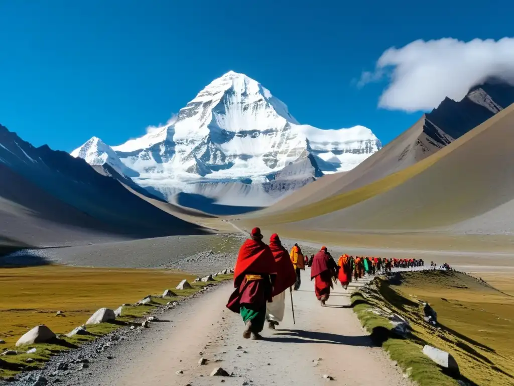 Peregrinos tibetanos caminan alrededor del Monte Kailash, con banderas de oración ondeando y el majestuoso paisaje del Himalaya de fondo