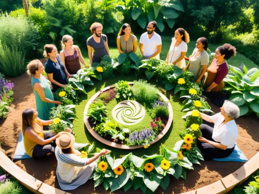 Un jardín de permacultura vibrante y sagrado, integrando prácticas sagradas en permacultura con unidad y reverencia