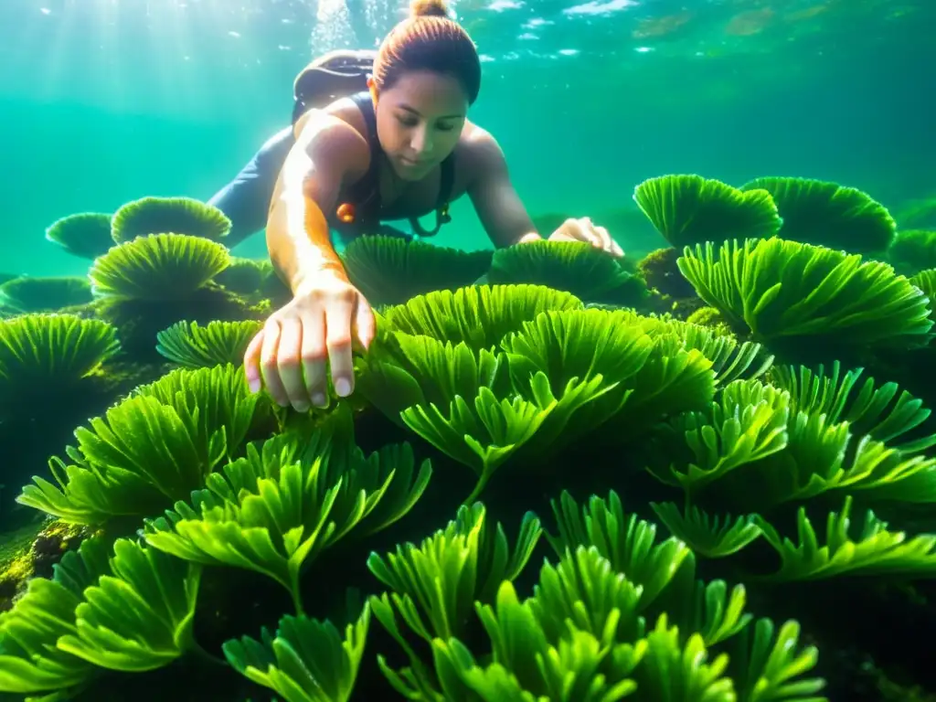 Persona recolectando algas marinas con reverencia para rituales con suplementos marinos