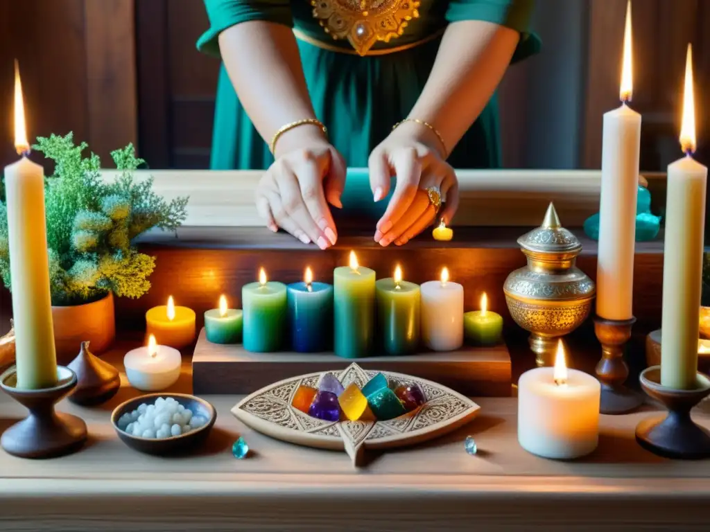 Persona preparando un altar con velas de colores y objetos simbólicos, exudando reverencia y significado en una práctica ritual