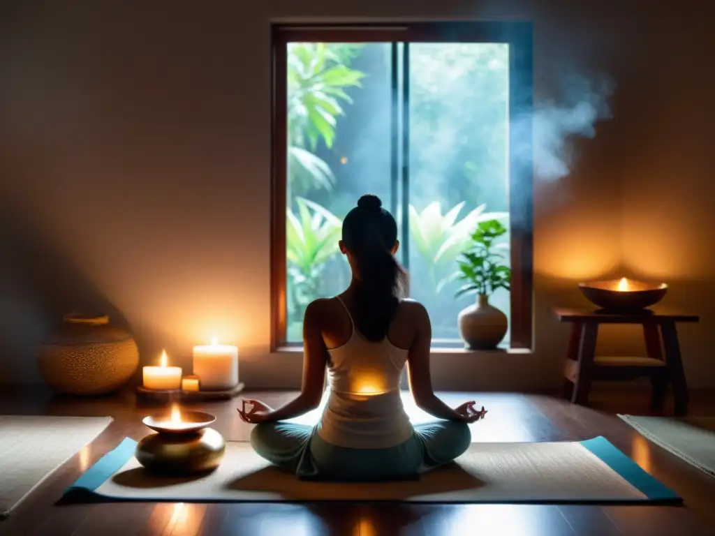 Persona meditando en un ambiente sereno, con luz suave que entra por la ventana