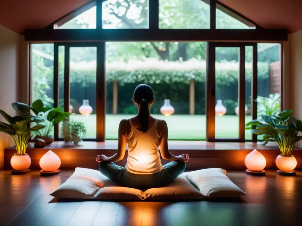 Persona meditando en un ambiente sereno con luz tenue y vista a un jardín tranquilo, iluminado por una lámpara de sal del Himalaya