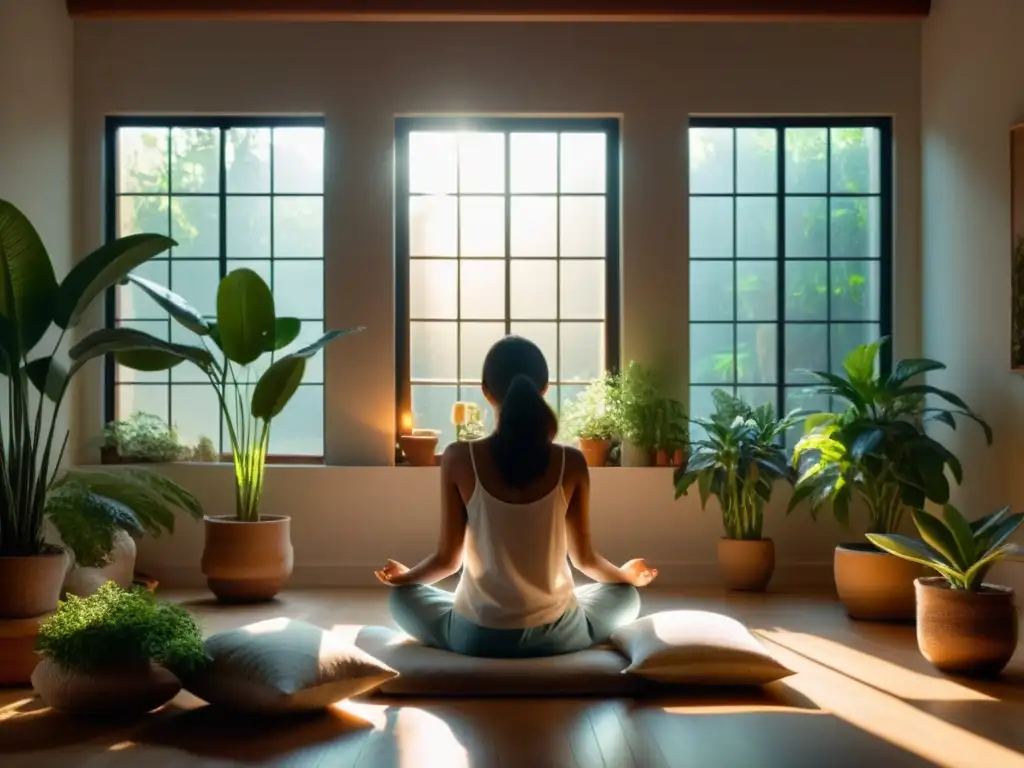 Persona meditando en un ambiente sereno con luz suave, plantas y arte relajante