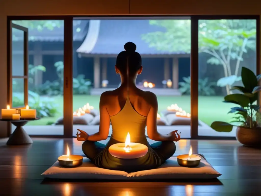 Persona meditando en un ambiente sereno con velas y jardín, para rituales de meditación para armonía espiritual