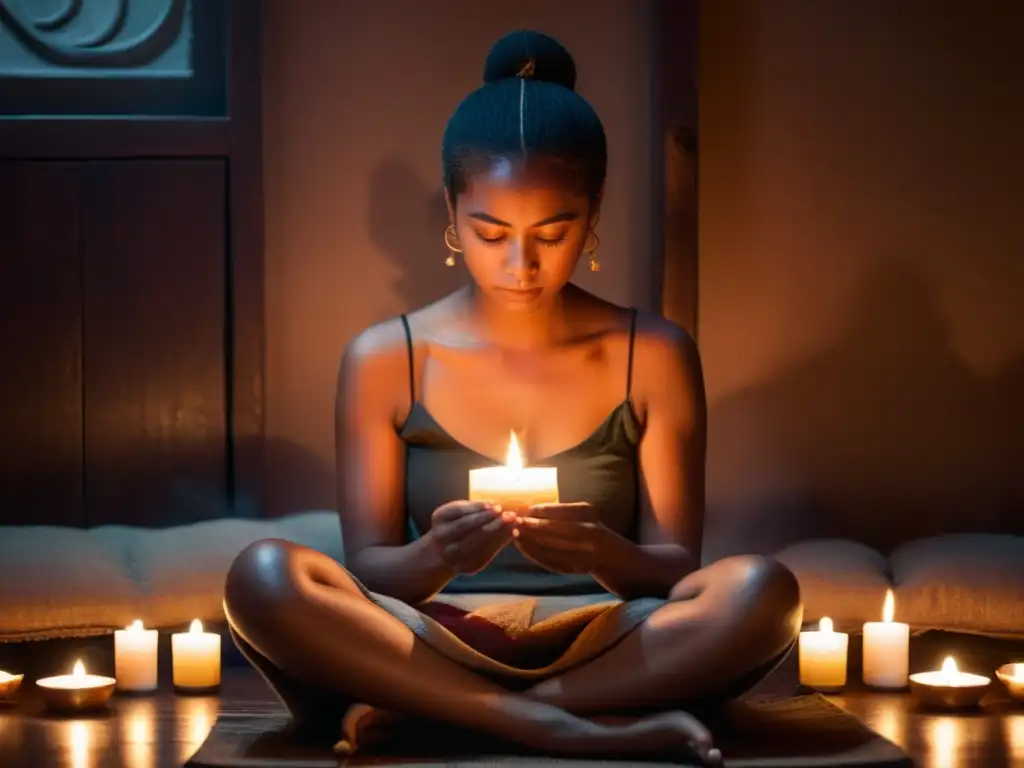 Una persona meditando en un ambiente tranquilo, rodeada de velas e incienso