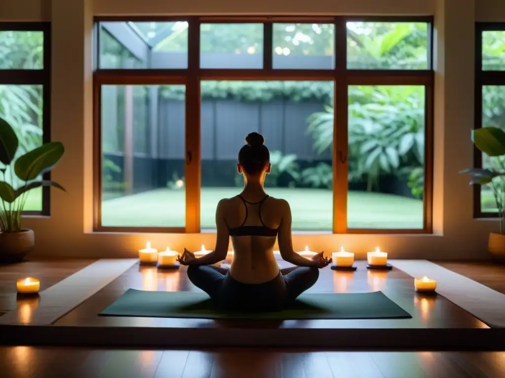 Persona en meditación, ambiente tranquilo con velas