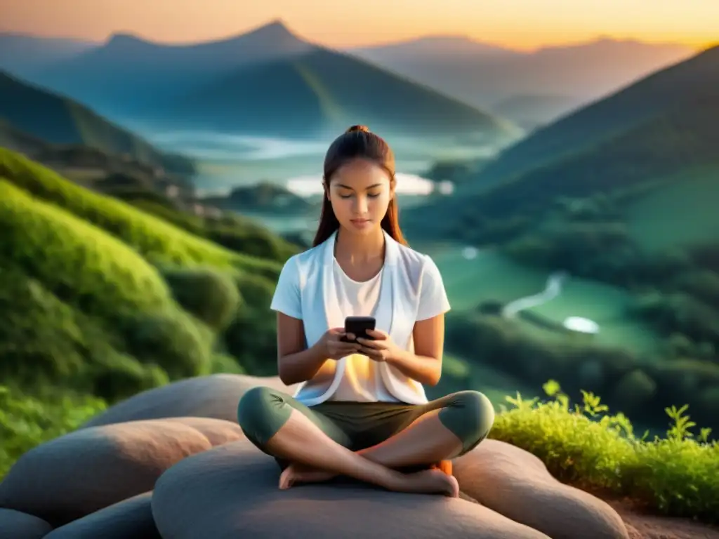 Persona meditando con app de atención plena en paisaje sereno: integración de tecnología y mindfulness