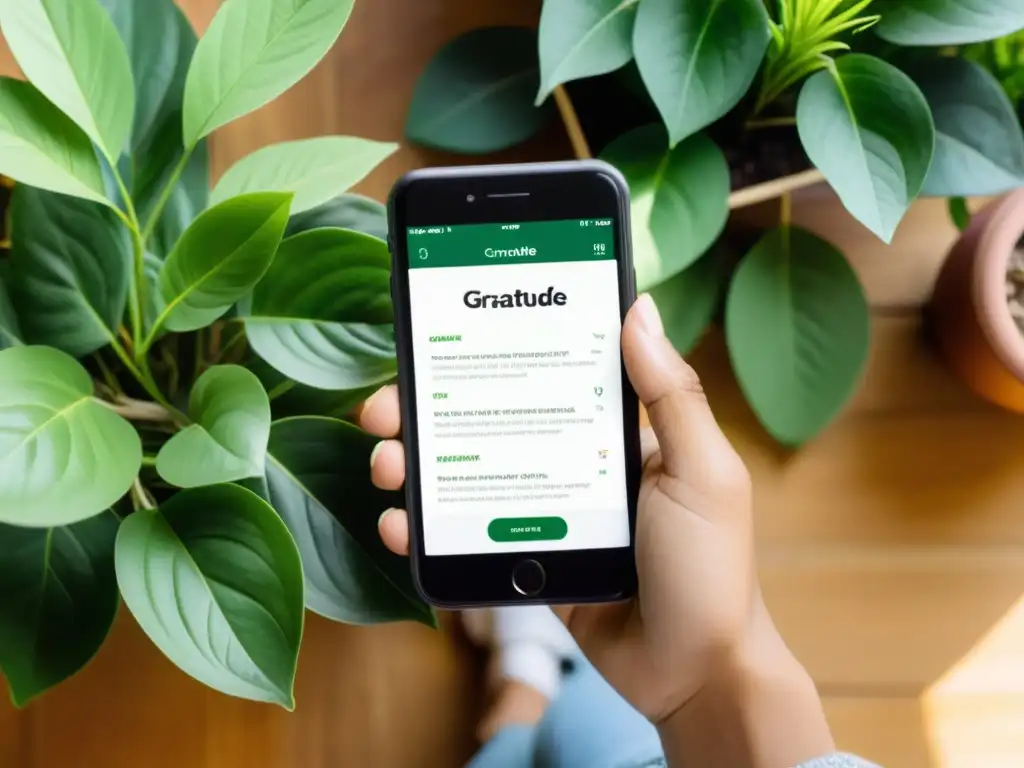 Una persona sonríe al escribir en una app de diario de gratitud, rodeada de plantas en un ambiente cálido