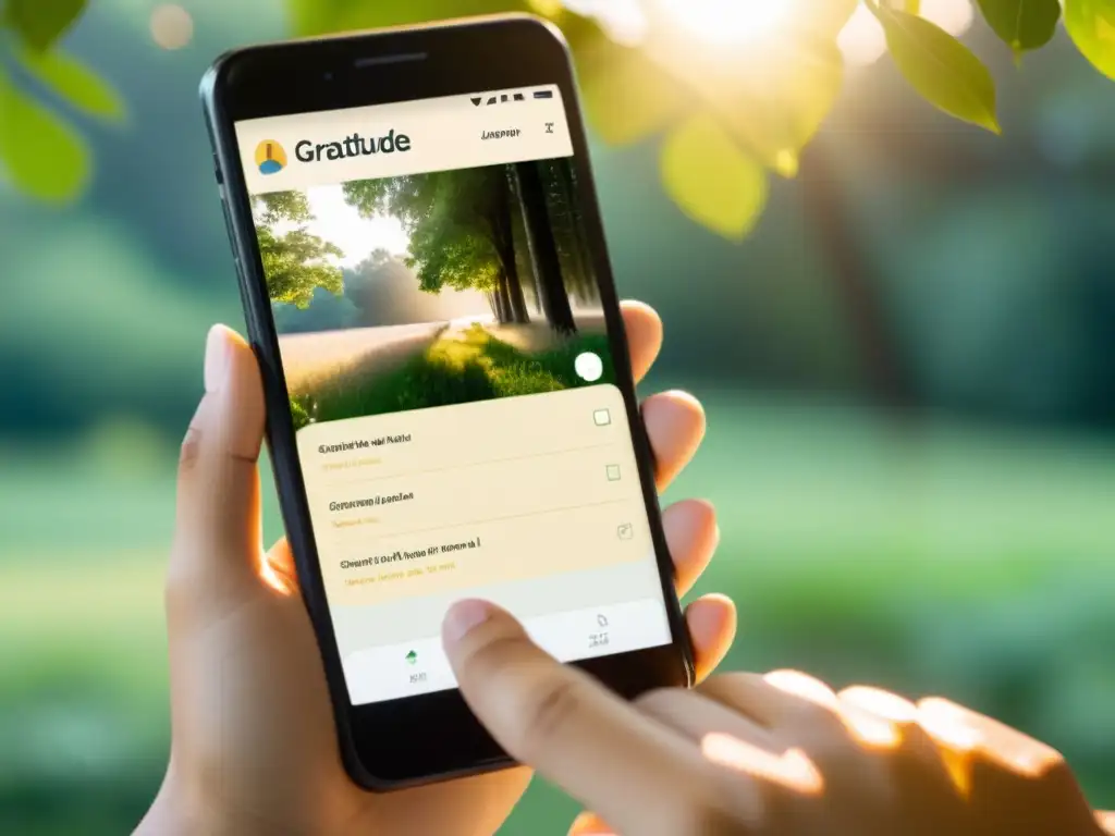 Persona usando una app para cultivar gratitud diaria en un entorno natural sereno, integrando tecnología con la práctica de agradecimiento